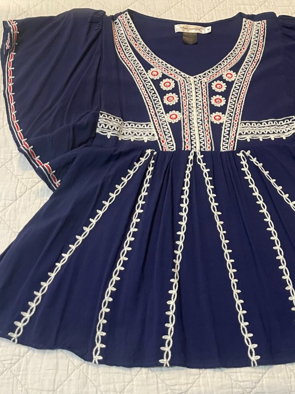 Boho Med. Urban Mangoz Navy/Red/Ivory Womens Embroidered V-Neck Empire Waist Top - Picture 7 of 13